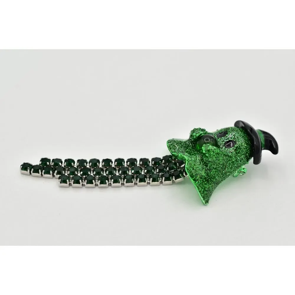 Betsey Johnson Green Ghost Witch Pin Brooch Halloween Green Crystal Glitter NWT